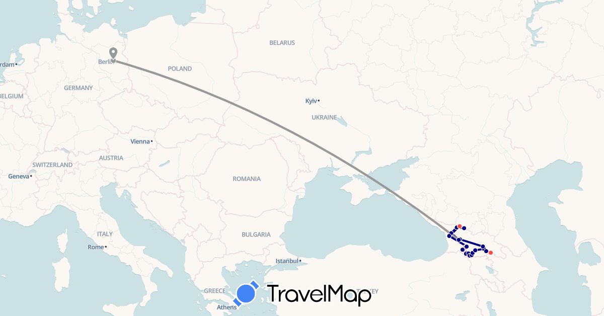 TravelMap itinerary: driving, plane, hiking in Germany, Georgia (Asia, Europe)